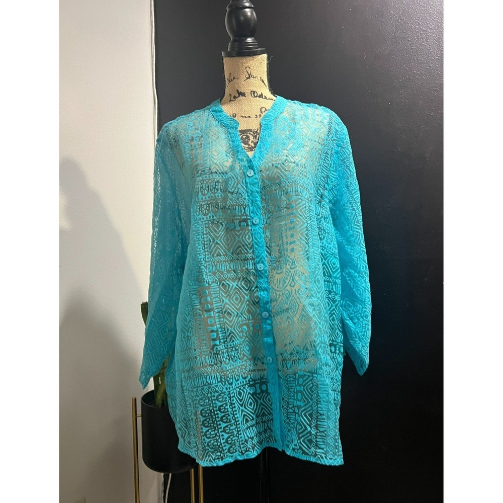 Erika Lace Button Down Top‎ 3X Boho Festival Sheer Turquoise Blouse No Tank